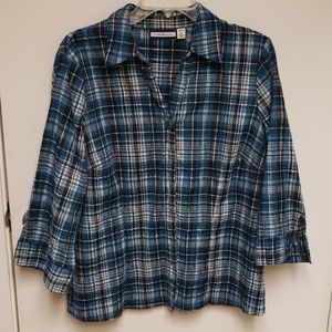 Teal and black plaid button down blouse